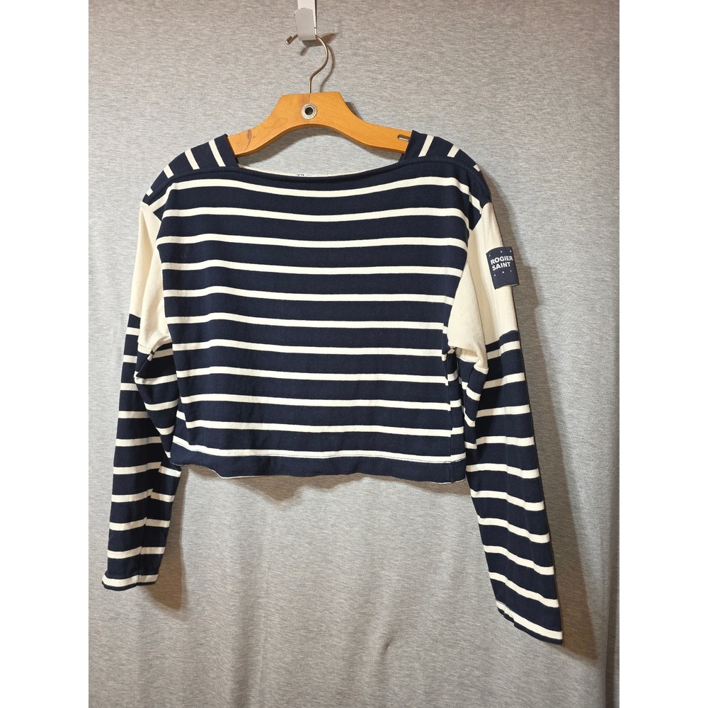 Zara Navy Blue White Striped Long Sleeve Crop Top Nautical Boat Neck Shirt Small